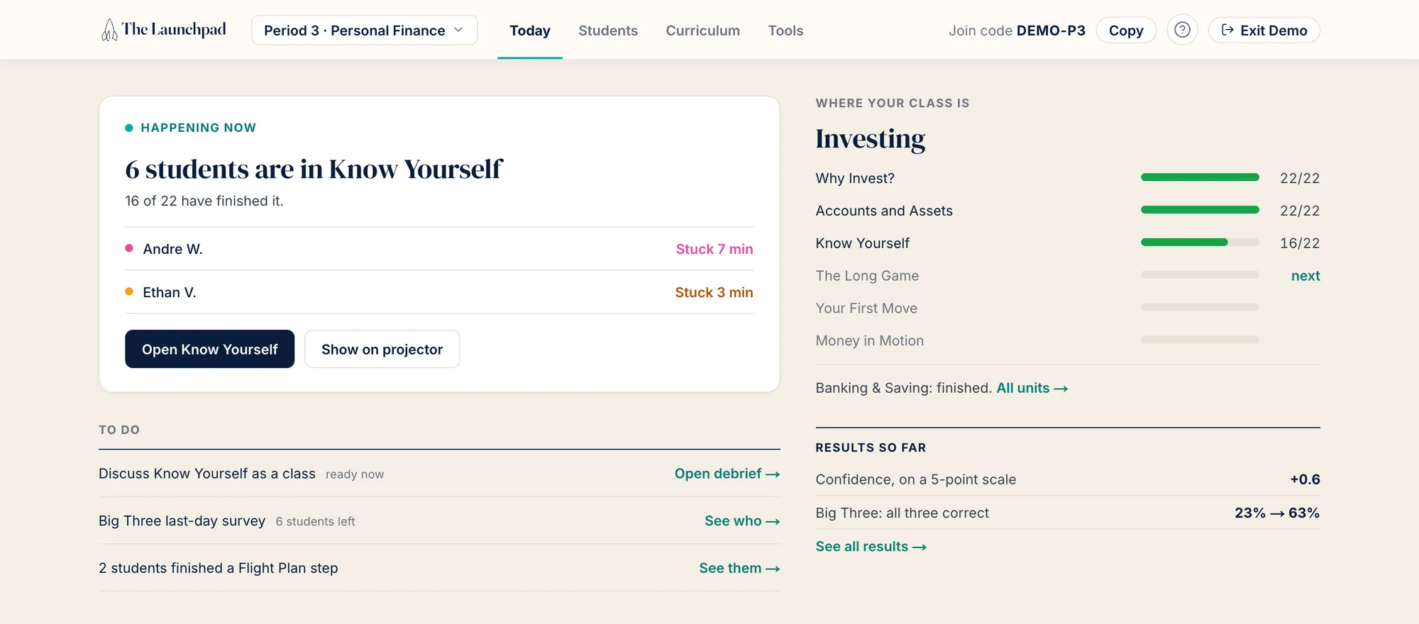 The Launchpad teacher dashboard for a sample class: who is working, who is stuck, and how far along the class is