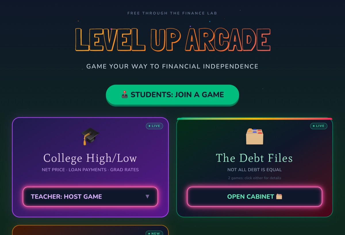 The Arcade's home screen with College High/Low, The Debt Files, and Good, Bad, or Depends?